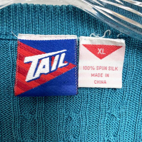 Vintage 90s Tail XL Teal Silk Cable-Knit Sweater Vest V-Neck Mother of Pearl - Picture 2 of 10